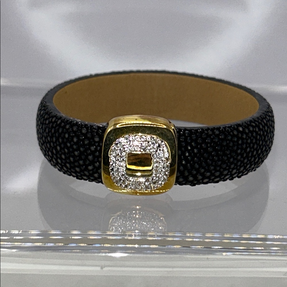 Gold Plated Sterling Silver Genuine Black EEL Skin Leather Magnetic Bracelet